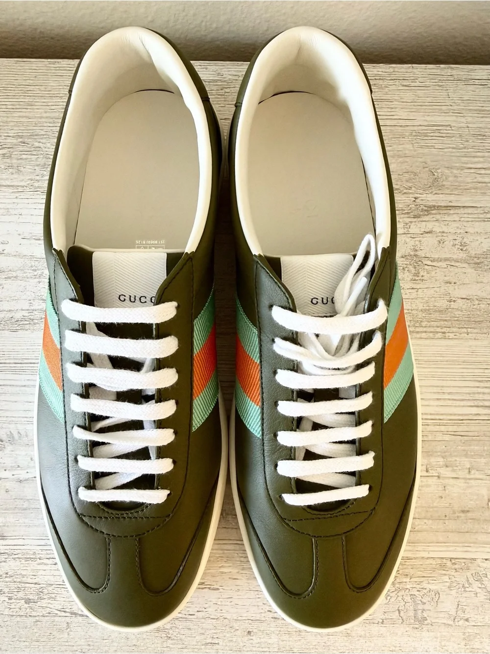 New Gucci G74 men leather sneakers with Web, dark green olive, size 9.5, US 10